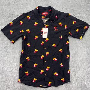 Ice Cream Hawaiian Shirt Boys 9/10 Black French Fry Print Rayon Logo Button Up
